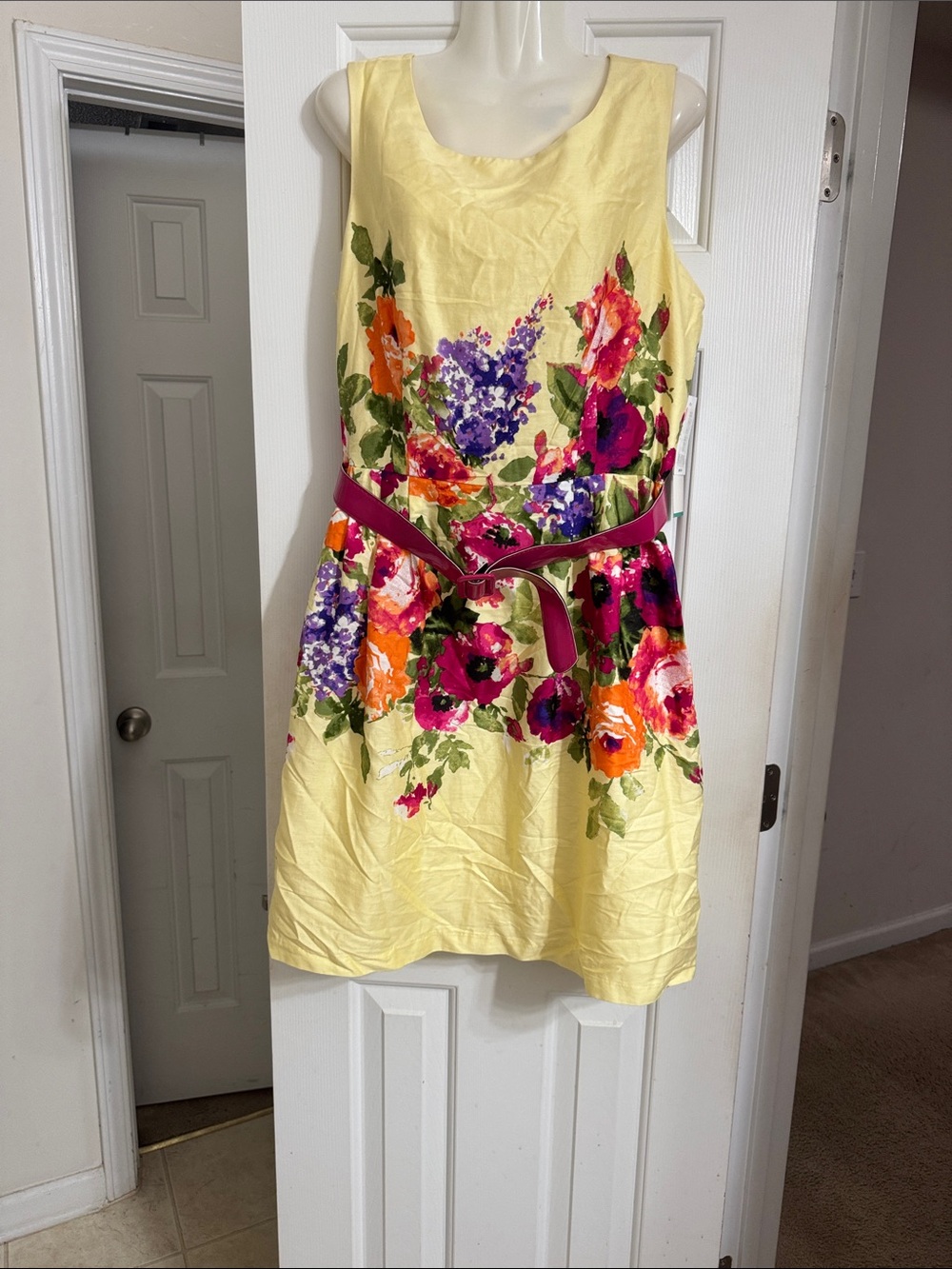 Leslie Fay Yellow Floral Midi Dress with Pink Belt